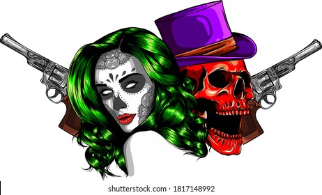 Beautiful Gangsta Girl And Skull Vector Illustration