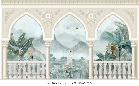 Hermoso Fondo de pantalla del lago del arco del jardín. Acuarela Ilustraciones de paisaje. Ilustraciones de Fondo de pantalla de la selva.