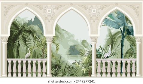 Beautiful garden arch bird mountain lake wallpaper. Watercolor Landscape  illustrations. Jungle wallpaper illustrations.