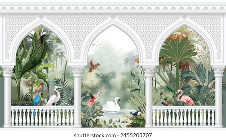 Beautiful garden arch bird mountain lake wallpaper. Watercolor Landscape  illustrations. Jungle wallpaper illustrations.