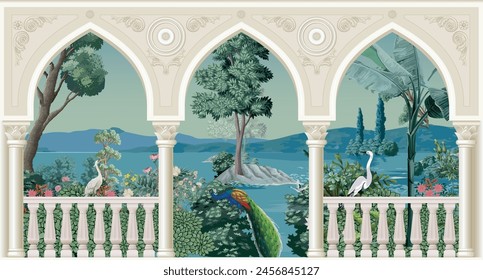 Beautiful garden arch bird mountain lake wallpaper. Watercolor Landscape  illustrations. Jungle wallpaper illustrations.