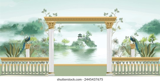 Beautiful garden arch peacock mountain lake wallpaper. watercolor Painting Chinese Style Landscape wallpaper. Mural and art wallpaper illustrations.