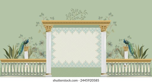 A beautiful garden arch peacock wallpaper design. Wedding wallpaper illustrations design.