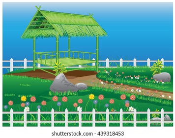 Beautiful garden with bamboo hut vector design