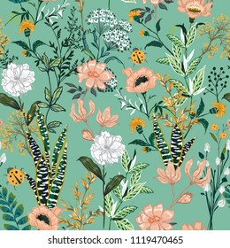 Beautiful Garden Blooming Flower In Many Kind Of Floral Seasonal Seamless Pattern Vector ,hand Drawing Style For Fashion, Fabric And All Prints In Cute Green Mint Background.