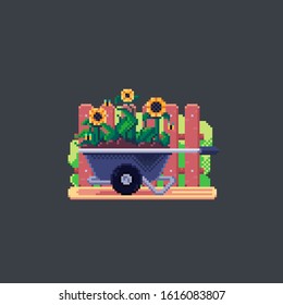 
Beautiful garden cart in the village. A cozy farm with nature around. Pixel art style vector image