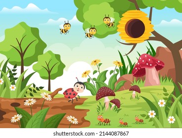 Schöne Gartenkarikatur mit Hintergrundbild mit Landschaft, Natur von Pflanzen, verschiedenen Tieren, Blumen, Bäumen und Grünem Gras im Flachdesign