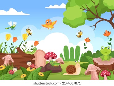 Beautiful Garden Cartoon Background Illustration With Scenery Nature of Plants, Various Animals, Flowers, Tree and Green Grass in Flat Design Style