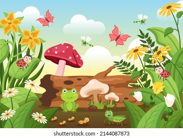 Beautiful Garden Cartoon Background Illustration With Scenery Nature of Plants, Various Animals, Flowers, Tree and Green Grass in Flat Design Style