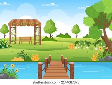 Beautiful Garden Cartoon Background Illustration With A Landscape Nature Of Plant, Flowers, Tree and Green Grass in Flat Design Style 