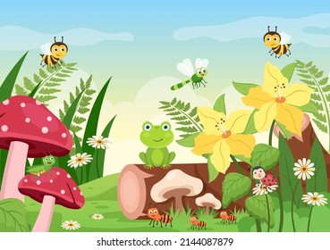 Beautiful Garden Cartoon Background Illustration With Scenery Nature of Plants, Various Animals, Flowers, Tree and Green Grass in Flat Design Style
