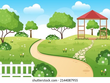 Beautiful Garden Cartoon Background Illustration Landscape Stock Vector ...