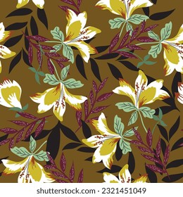 Beautiful garden Flower pattern. Botanical Motifs are scattered randomly. Seamless vector texture. For fashion prints. Printing in hand-drawn style on khaki background color