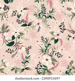 Beautiful garden Flower pattern. Botanical Motifs are scattered randomly. Seamless vector texture. For fashion prints. Printing in hand-drawn style on black background color