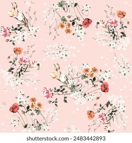 Schöner Garten Blumenmuster. Botanische Blumensträuße werden zufällig verteilt. Nahtlose Textur der Vektorgrafik. Für Modedrucke. Drucken im Aquarellstil auf rosa Hintergrund.
