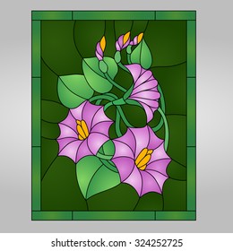 Beautiful garden flowers and bouton, floral vector composition in stained glass window
