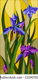 Beautiful garden flowers and bouton of Iris, floral vector composition / stained glass window