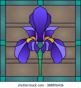Beautiful garden flowers and bouton of Iris, floral vector composition. Set of stained glass window
