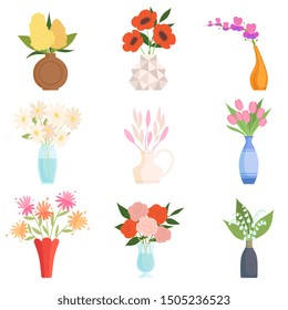 Beautiful Garden Flowers in Ceramic Vases Set, Bouquets of Blooming Flowers for Interior Decoration Vector Illustration