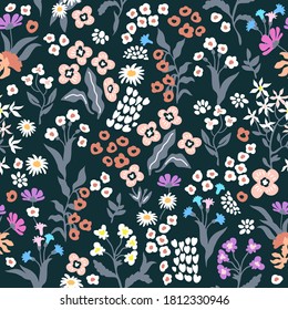 Beautiful garden flowers on black background. Seamless vector pattern. Vintage print with  inflorescences. Retro textile collection.