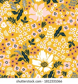 Beautiful garden flowers on yellow background. Seamless vector pattern. Vintage print with  inflorescences. Retro textile collection.