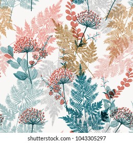 Beautiful garden leaves and meadow flower on seamless pattern vector stylish on white background.