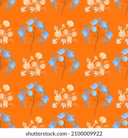 Beautiful garden. Seamless print with fantasy trees with large blue flowers and berries and blooming delicate orange cosmos flowers  between them isolated on bright orange background. Romantic pattern