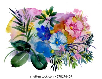 Beautiful garden summer flowers, watercolor vector illustration