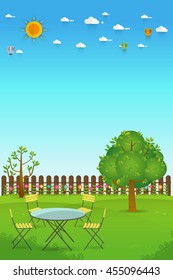 Beautiful Gardening. poster Banner with garden landscape.table,chair, tree, flower bushes, wood fence and lawn. Flat style, vector illustration.