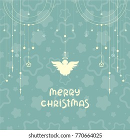 Beautiful garland with christmas angel. Vector illustration. Holiday decoration on turquoise stars background. Template for elegant design with lettering.