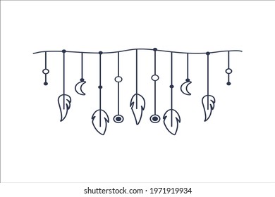 Beautiful garland with feathers in boho style isolated on white background. Decorative elements of the Indian tribe. Dream Catcher. Vector illustration