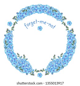 Beautiful garland forget-me not. Retro stylish decoration blue wreath vector illustration. Floral background for wedding or greeting card.