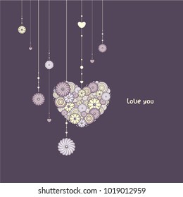 Beautiful garland with heart of flowers. Vector illustration on dark background. St. Valentine's day greeting card. Elegance floral decoration.
