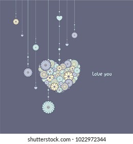 Beautiful garland with heart of flowers. Vector illustration on dark background. St. Valentine's day greeting card. Elegance floral decoration. Illustration in cold colors.