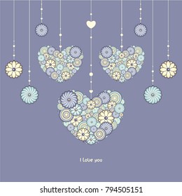 Beautiful garland with heart of flowers. Vector illustration in cold colors. St. Valentine's day greeting card. Elegant floral decoration.
