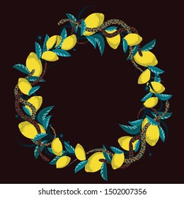 beautiful garland of lemon branches and wriggling snakes. template for design. Isolated image on a black background. Vector graphics.