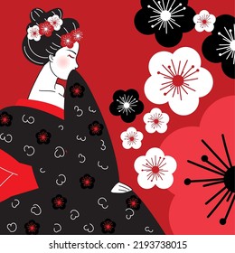 Beautiful Geisha Character With Flowers