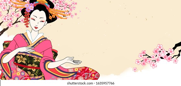 Beautiful geisha wearing pink kimono on cherry blossom background in ukiyo-e style