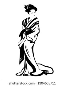 beautiful geisha woman wearing traditional kimono - standing japanese girl black and white vector design