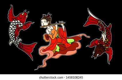 Beautiful Geisha women with koi carp fish.hand drawn and doodle style.Japanese Geisha girl coloring books.