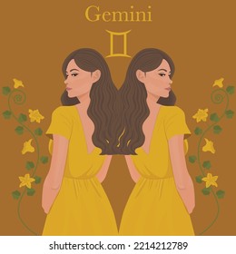 Beautiful gemini twins woman in yellow casual dress.Gemini zodiac sign and symbol and yellow flowers background.