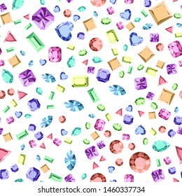 Beautiful gems seamless pattern, design for jewelry shops. Fashion crystal diamond jewelry pattern. Seamless vector texture with diamonds. Crystal diamond. Gems background for decoration design. 