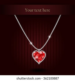 Beautiful gemstone red ruby heart Red diamond Vector illustration on dark