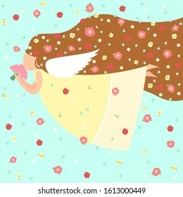 A beautiful gentle angel flies. Flowers Women's holiday. March 8. St. Valentine's Day. Greeting card.