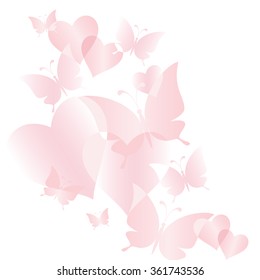 Beautiful gentle background with pink butterflies and hearts