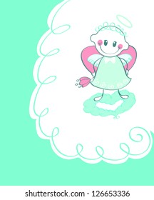 Beautiful gentle background for Valentine's Day. Cute little angel-boy standing on a cloud. He hides behind the flower and heart. Three colors: white, blue, pink. The background is white, and blue.