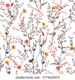 Beautiful gentle botanical flowers blooming garden mood Seamless pattern in vector EPS10 ,Design for fashion, fabric,textile,wrapping ,wallpapers and all prints on white