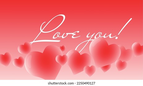 Beautiful gentle horizontal banner with text I love you and around gradient red and white hearts of different sizes on a gradient red and white background. Valentines Day Banner 14 february