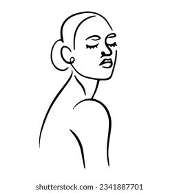 Hermosa y gentil ilustración de una chica de las líneas. El retrato femenino es minimalista. arte en línea moderno