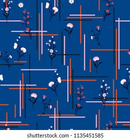 Beautiful and gentle Seamless pattern delicate meadow many kind of  flowers vector with check or grid check for fashion ,wallpaper ,book ETC on  dark ocean blue background